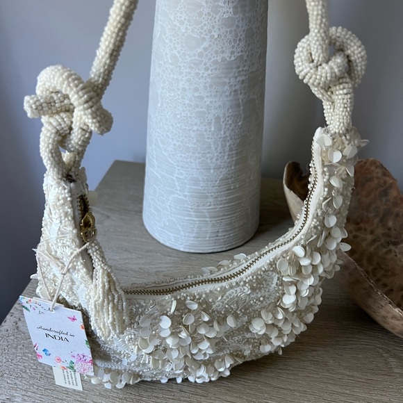 NWT Viral White Beaded Bag with Knot Tie Strap, Handcrafted in India, Br… - Picture 6 of 7
